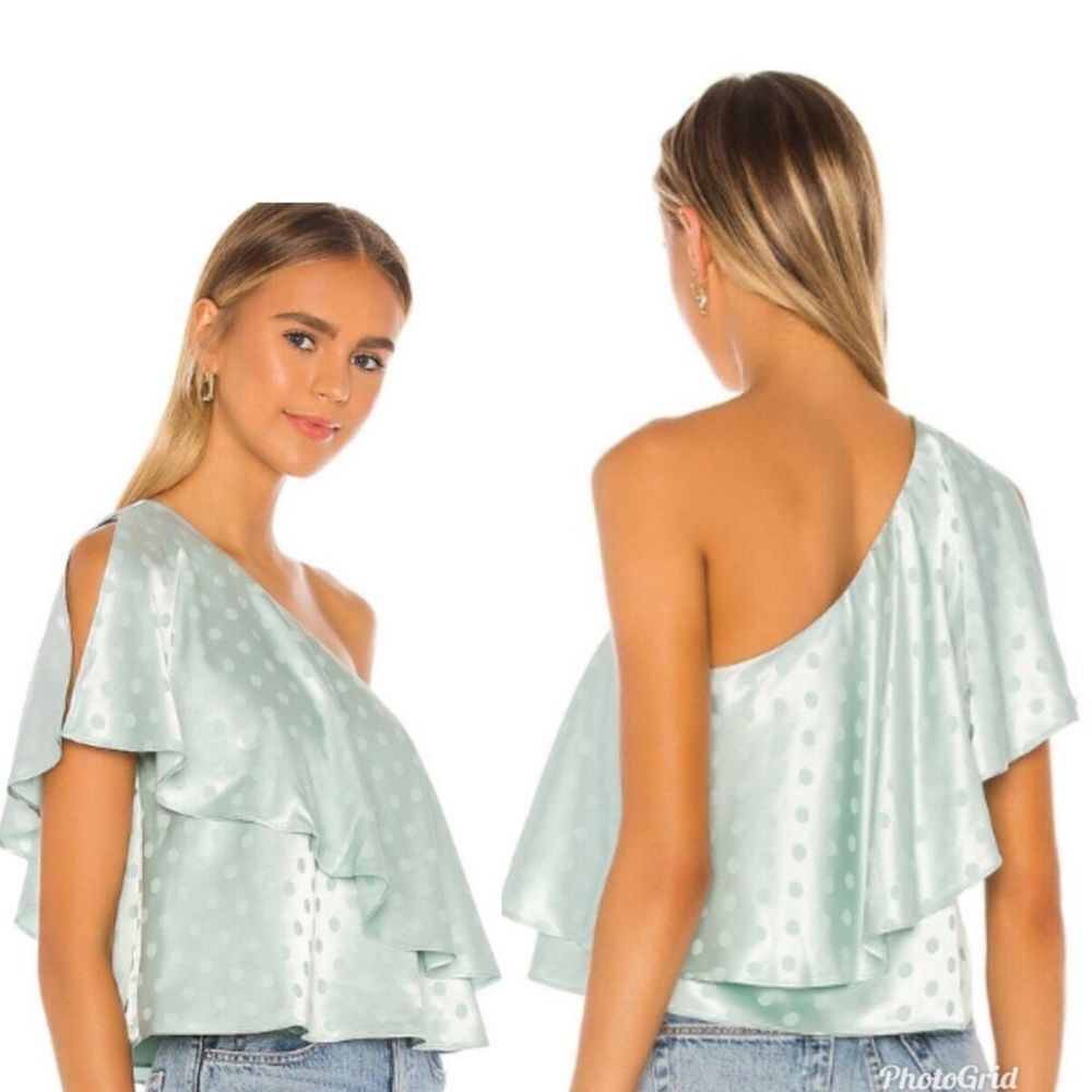 REVOLVE HOUSE OF HARLOW 1960 Leya Mint One-Shoulder Satin Polka Dot Top size M